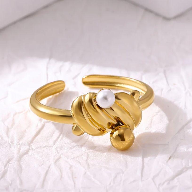 Stainless Steel Pearl Joint Ring for Women18K Gold Plated Minimalist Geometric Adjustable Finger Ring Wedding Christmas Jewelry
