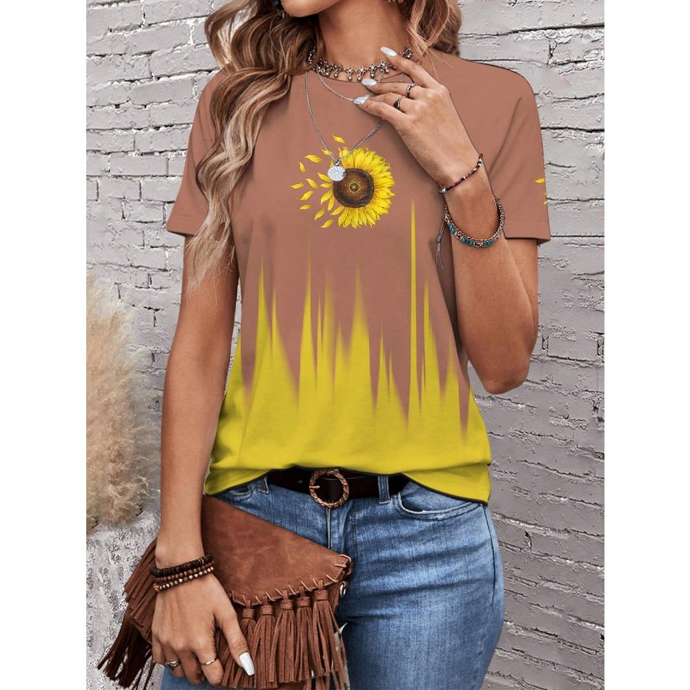Casual And Simple Sunflower Tie Dye Printed Round Neck Short Sleeve Women's T-Shirt, Suitable For Summer