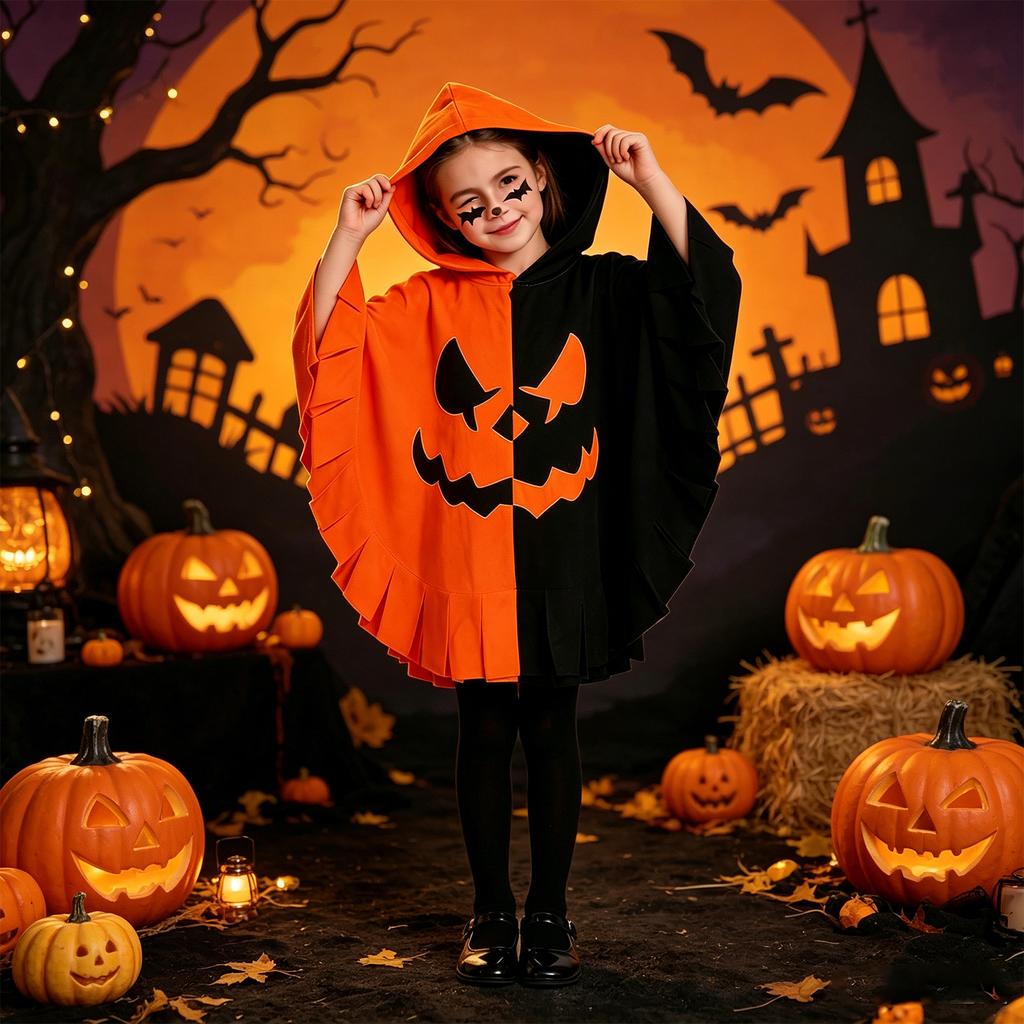 Kids Halloween Hooded Cape Costume Pumpkin Bat Pattern Cloak Lightweight Soft Fabric Spooky Design for Boys Girls Party Dress Up