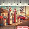 Historic Route 66 Gas Station Tapestry Classic Cars Fuel Pumps American Road Trip Nostalgia Vintage Americana Wall Art Garage