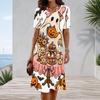 Women Plus Size Round Neck Short Sleeve A Line Dress Cute Cartoon Raccoon Pumpkin Printed