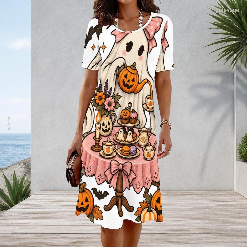 Women Plus Size Round Neck Short Sleeve A Line Dress Cute Cartoon Raccoon Pumpkin Printed