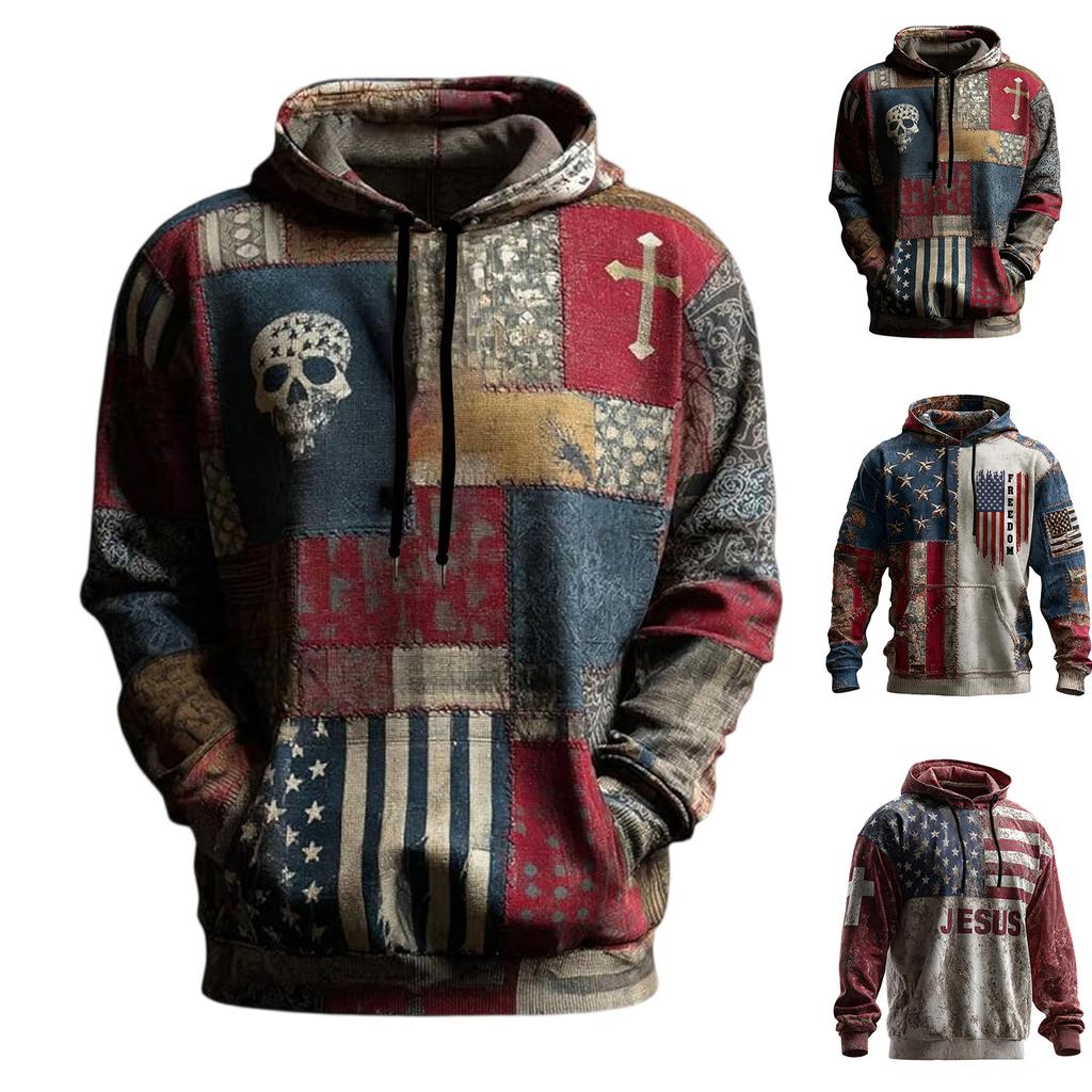 Men's Vintage Casual American Flag Cross Hoodie Patriotic Shirt