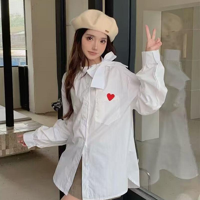 Love Embroidery Bow Long-sleeved White Shirt Female 2024 New Loose