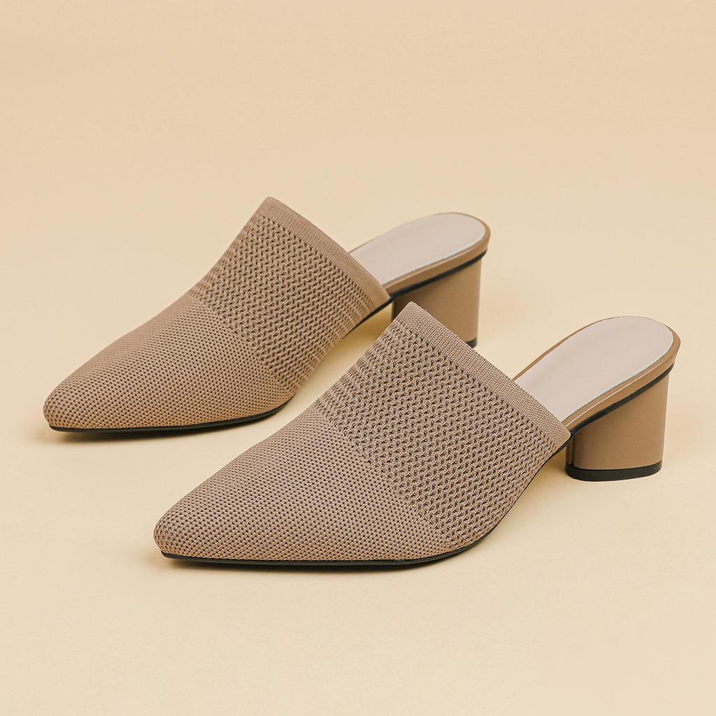 Damen Große Größe Frühling Spitzschuh Dicken Absätzen Sandalen Schuhe Casual Flyknit Blockabsatz Tiefe Öffnung Einfarbig Gestrickte Slipper Schuhe 34-43