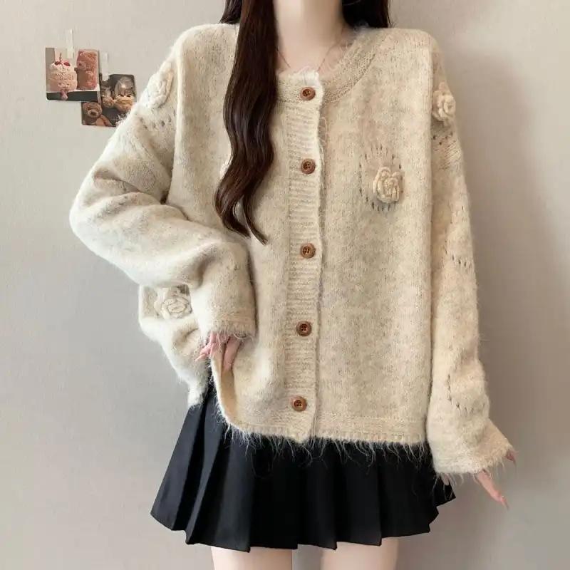 Πουλόβερ Παλτό Καρντιγκάν για Γυναίκες Φθινόπωρο Χειμώνας Μεγάλο Μέγεθος Μονόχρωμο Χαλαρό Μακρυμάνικο Πλεκτό Πουλόβερ Παλτό