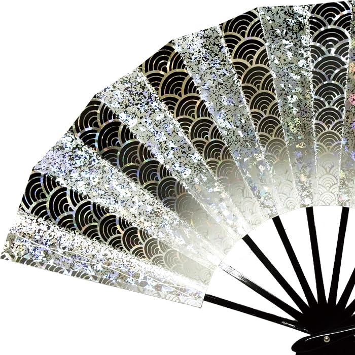 Dance Dance Seigaiha Hologram Japanese Black Lacquered Frame [Adesugata] Fan, Fan, Pattern, Foil, Dance, Black, (Black, 9.5 inches)