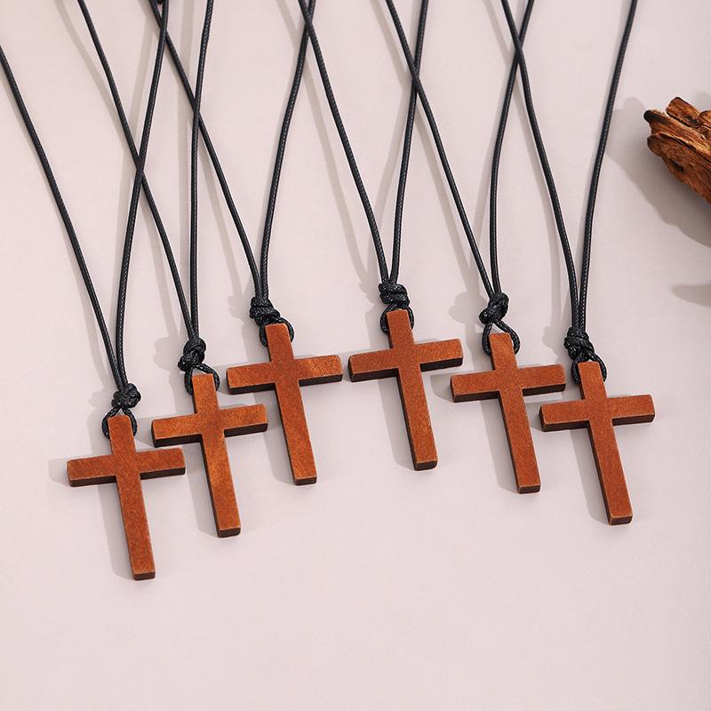 Vintage Wooden Cross Pendant Wax Rope Necklace For Men Women Accessories Jewelry Gift