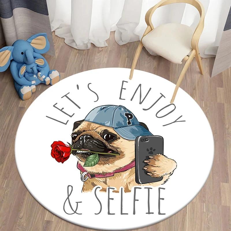 Cute Pug Dog Round Carpet Kawaii Pet Area Rug for Living Room Bedroom Decor Anti-Slip Floor Mat Circle Kitchen Entrance Doormat