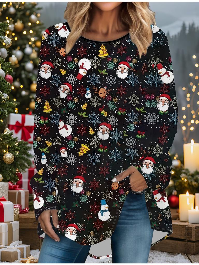 Plus Size Dam Vår Jul Snögubbe Tryckt Bekväm Långärmad Rundhals T-shirt Casual Rymlig Mellanlång Toppar