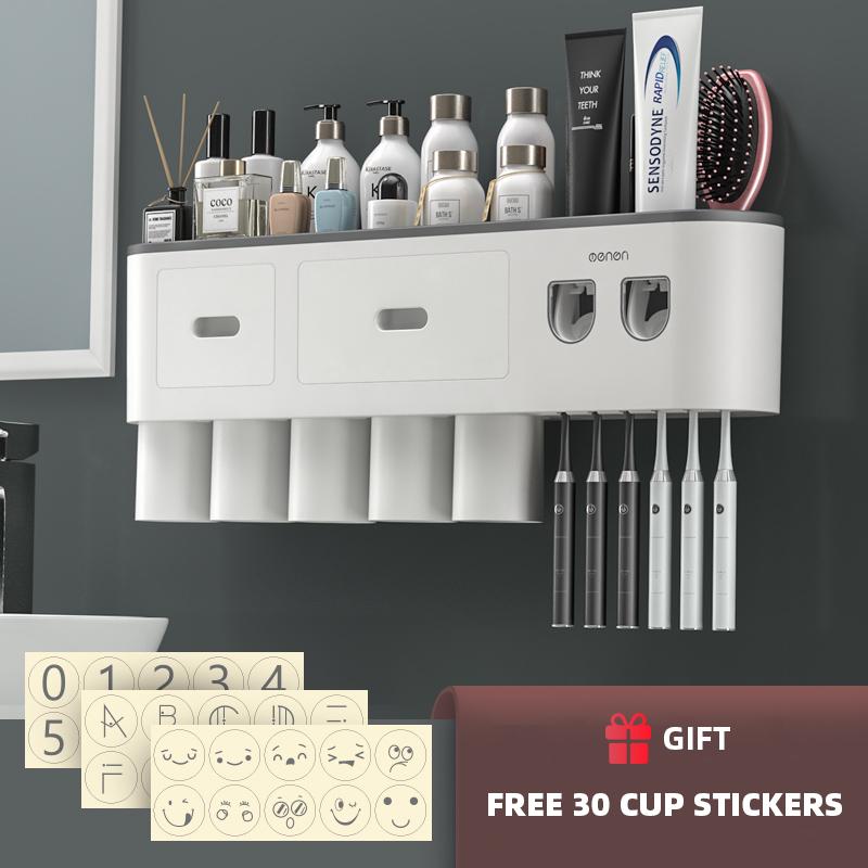 Magnetic Adsorption Inverted Toothbrush Holder Wall-mounted Double Automatic Toothpaste Dispenser Rack Bathroom Accessories