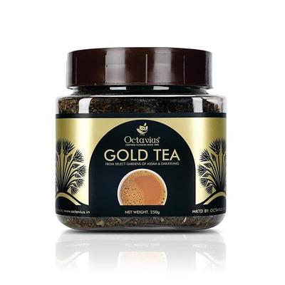 Tè CTC Octavius Gold - Barattolo da 250 g | Contiene 85% Tè Nero Kadak Assam e 15% Tè Aromatico Darjeeling a Foglia Lunga | 250g