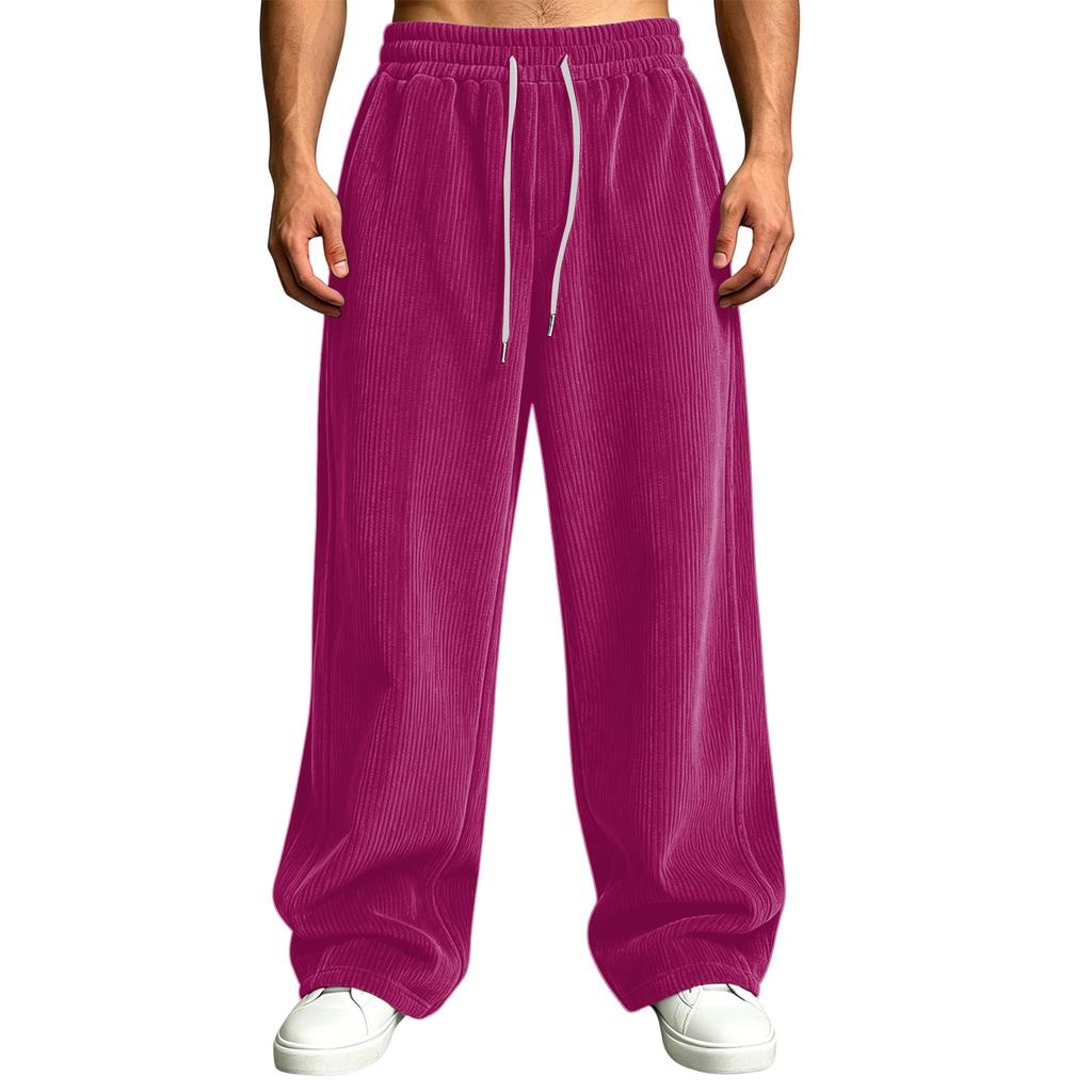 Pantalones de pana para hombre de cintura alta con bolsillos de corte holgado pierna recta ancha color casual