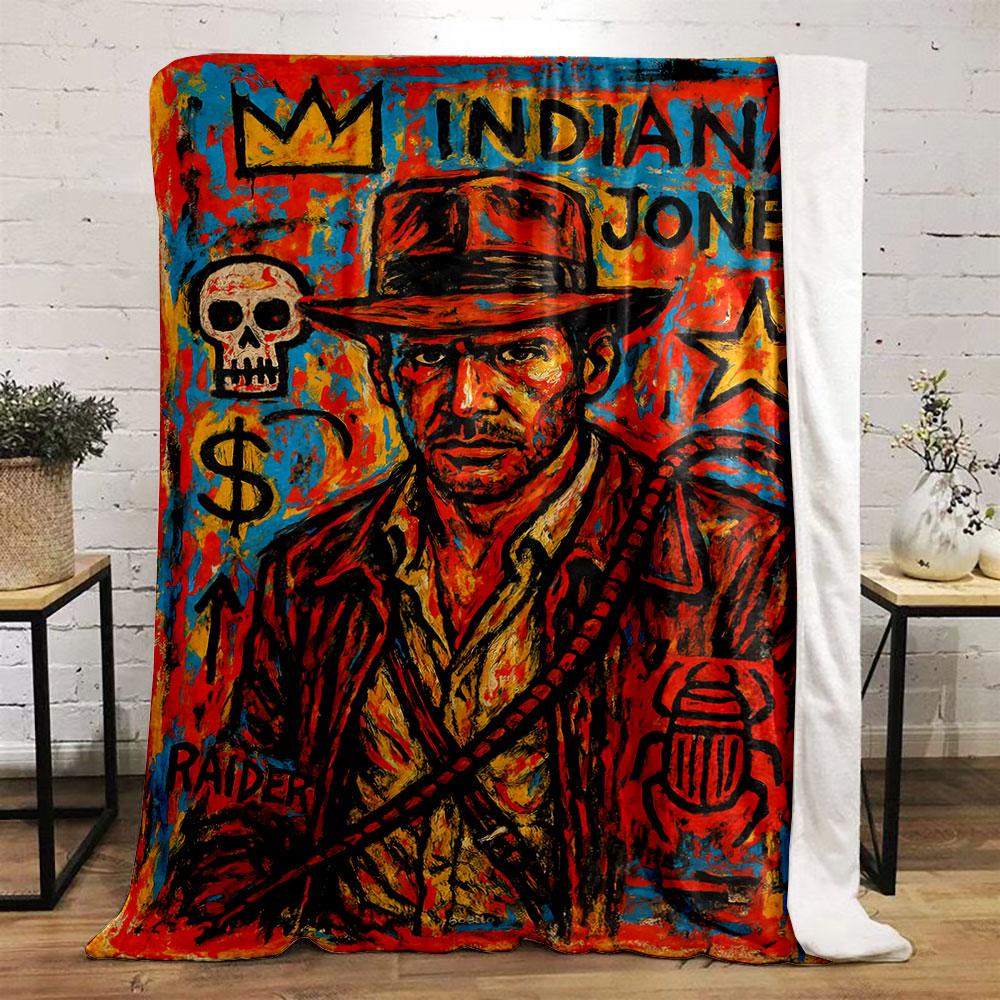 Bold, Colorful Depiction of Indiana Jones Elements In Abstract Strokes. for All Seasons Blanket Lunch Break Throw Gift