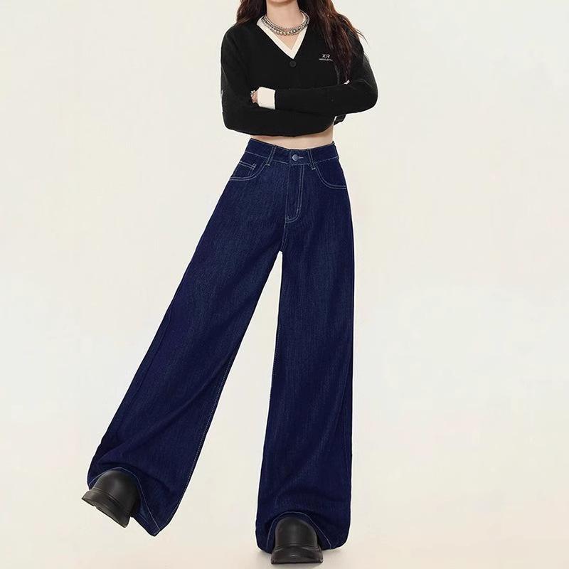 Damen Retro Dunkelblaue Weitbeinige High-Waist Jeans - Bodenlang Koreanischer Stil für Frühling & Herbst