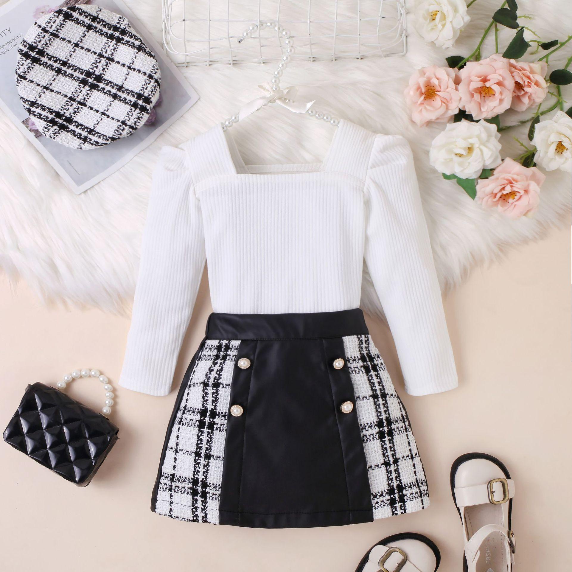 

Модный повседневный костюм для девочек, осенний детский квадратный воротник, длинный рукав + PU клетчатая юбка в стиле пэчворк + шапка, комплект из трех предметов 130cm белый