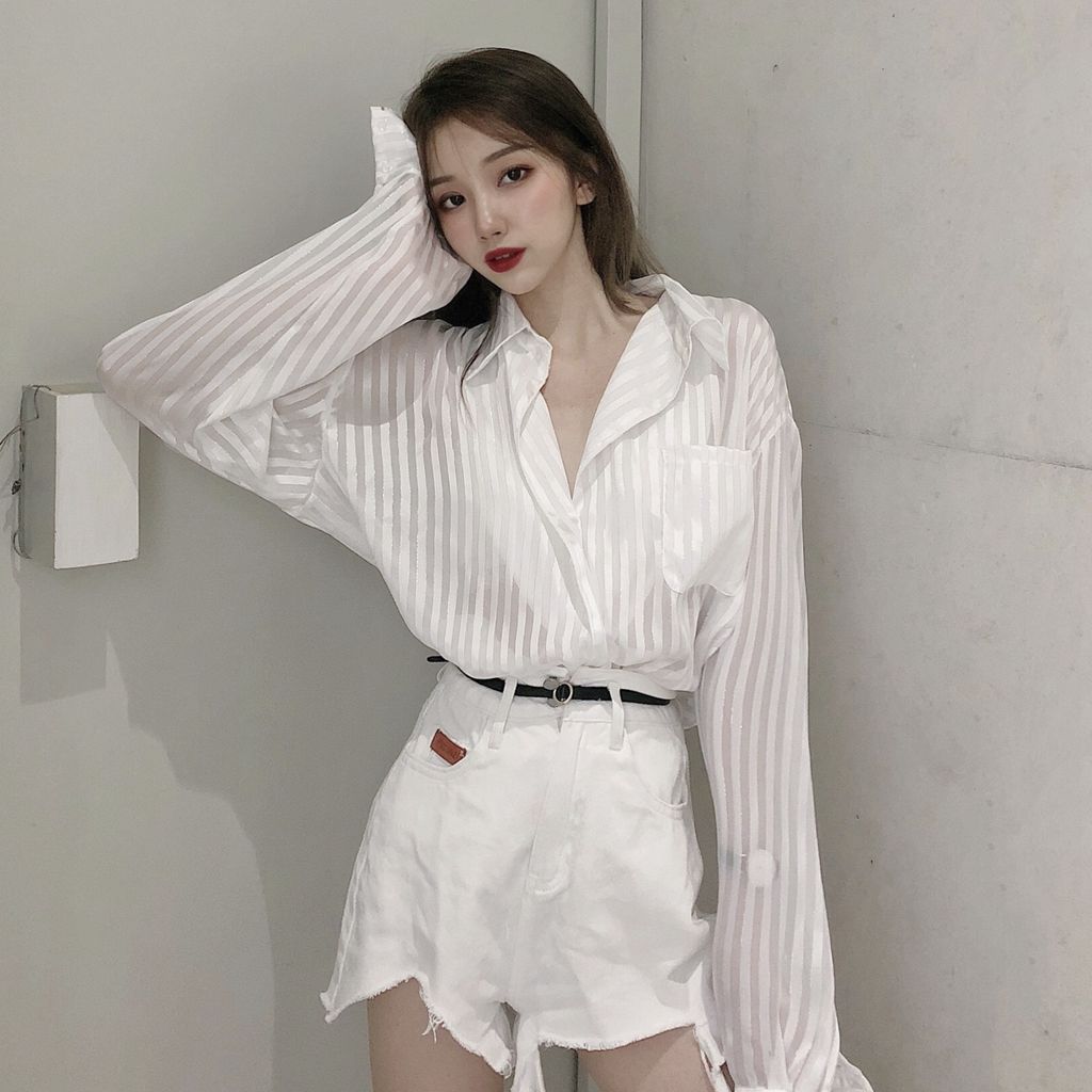 White French Style Shirt with Women's Long Sleeves and Striped Design Niche Loose and Versatile Bright Silk Sunscreen Shirt Thin Jacket Summer