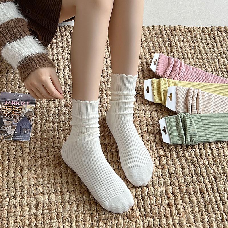 Lace Socks Children'S Stacking Socks Thickened Warm Wool Socks Solid Color Retro Sweat-Absorbing And Deodorant Medium Tube Socks