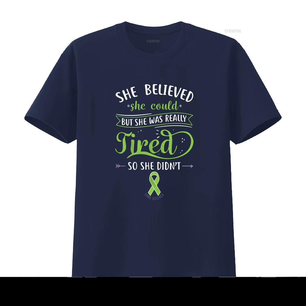 Lyme Disease T Shirt Women Invisible Chronic Illness Ribbon Awareness Spoonie Spoon Theory Green She Believed Could But