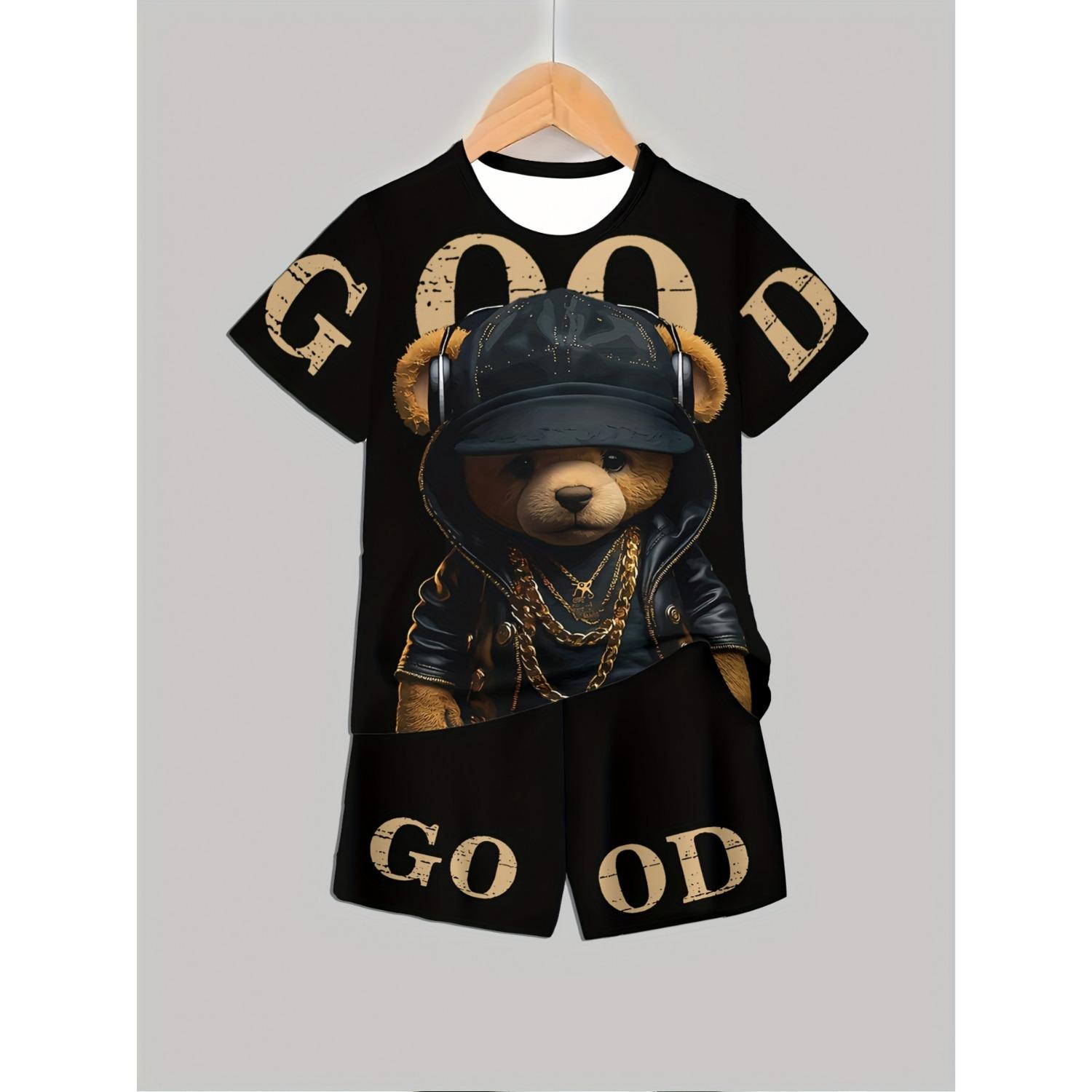 

Boy s bear pattern set, 3D printed casual short sleeved shorts T-shirt, outdoor sports T-shirt shorts set 5-6 Years