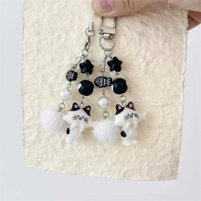 Cute Kitten Cat Fur Ball Bead Keychain Pendant Star Fish Charm Lanyard Girl Phone Chain Lovely Backpack Bag Ornament Couple Gift