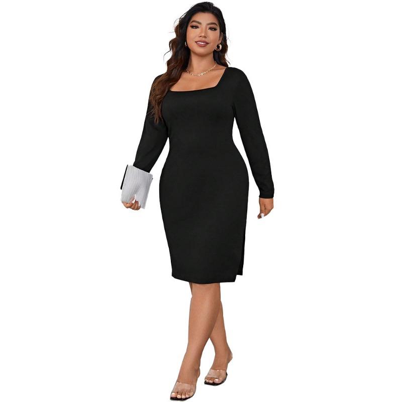 Women‘s Long Sleeve Square Collar High Waist Slit Dress Slim Sexy Wrapped Hip Dress Temperament Fashion Commuter Plus Size Black Dress