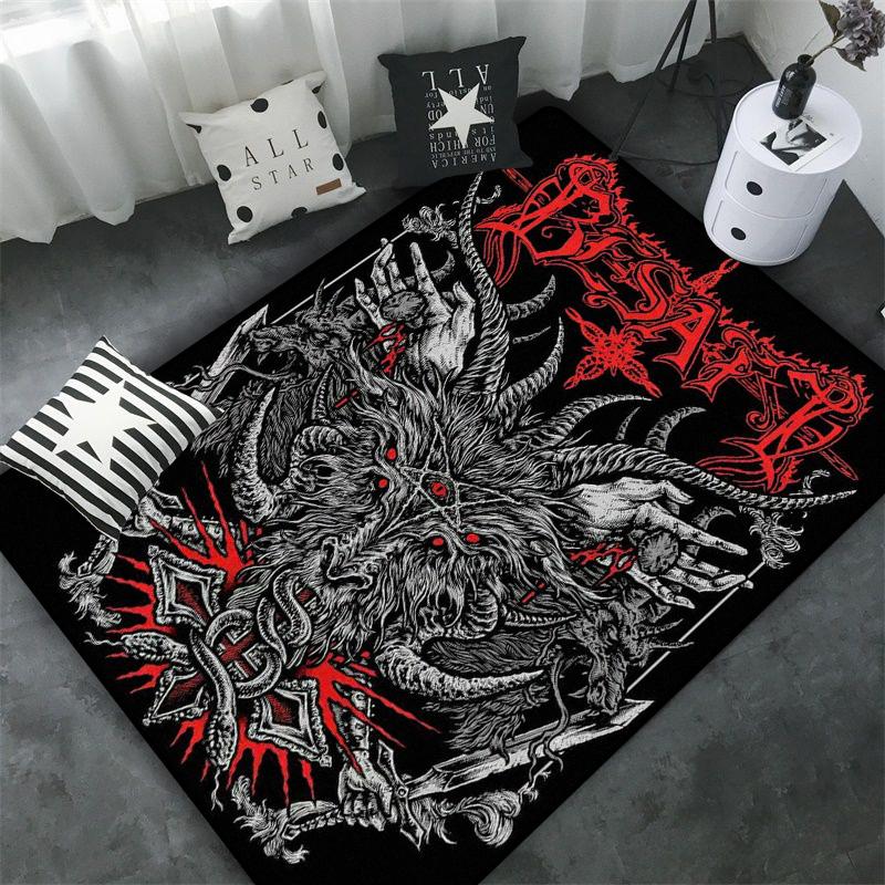 Schädel Baphomet Ziegen Dämon Raserei Bereichsteppich Blutrot-Baphomet Teppich-Baphomet Dekor-Satanische Matte-Satanische Heimdekoration