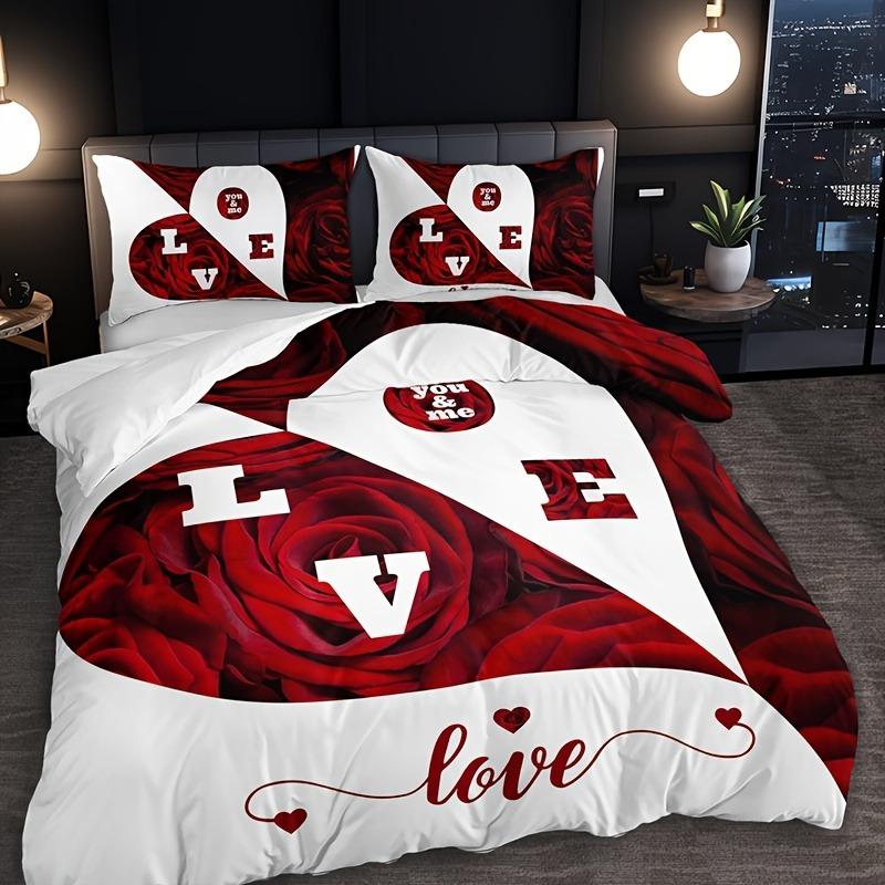 10% Polyester Breathable Soft with Soft Fabric Duvet Cover Set Red plus White Love Heart Rose Letering Al-Season Digital Print Machine Washable