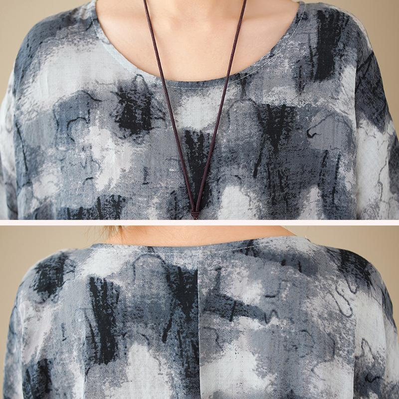 Summer New Loose Big Yards Retro Ethnic Style Cotton and Linen Ink Printing Short-sleeved Dress Women's Round Neck Long Skirt