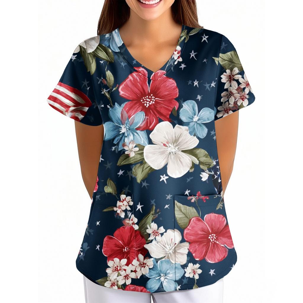 Women's Independence Day Printed Loose V-Neck Pocket Short-Sleeve Caregiver/Uniform