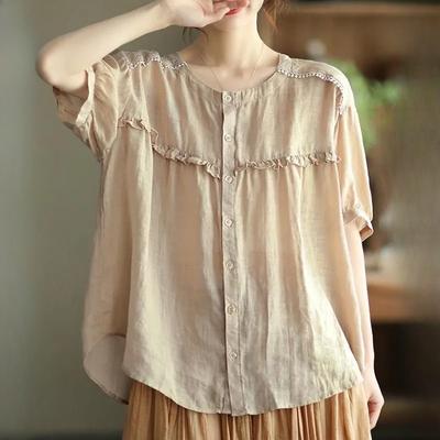 Camicia Estiva Girocollo Manica a Lanterna Cotone e Lino Camicia da Donna Ampia Casual a Maniche Corte