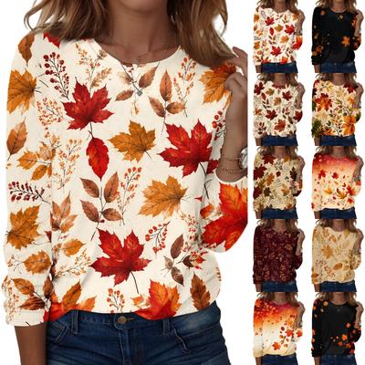 Women's Casual Long Sleeve Maple Leaf Print Round Neck Top