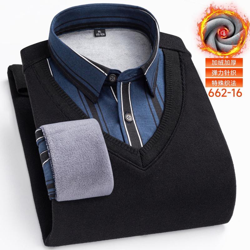 Fleece Fake Two-piece Men's Shirt Collar Middle-aged Elderly Casual Loose Bottoming Thickened Pullover Sweater