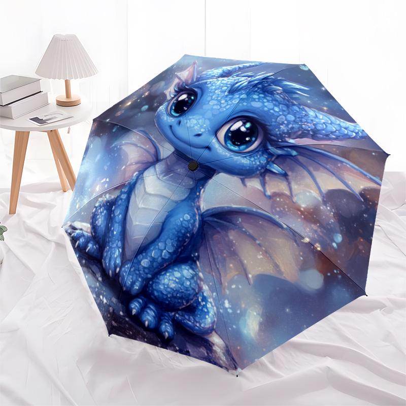 1 Stück Automatischer Faltregenschirm - Blaues Drachenmuster, Tragbares & Faltbares Design mit 8 Speichen, Weihnachts-Geburtstagsgeschenke