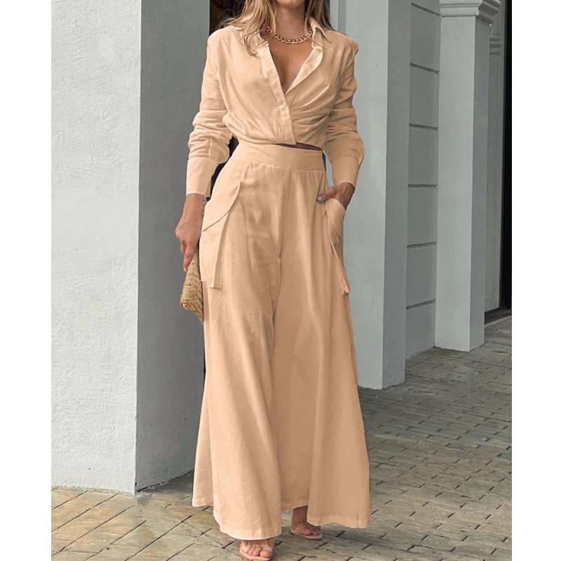 Women Casual Solid Color Long Sleeve Shirt High Waist Wide Leg Pants Two Piece Set