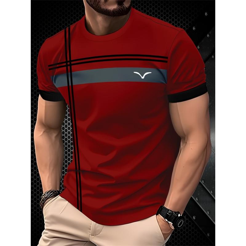 Men's Simple and Fashionable Contrasting Color T-shirt Summer Business Short Sleeved 3D Printed Top Casual Loose Daily Street Wear
