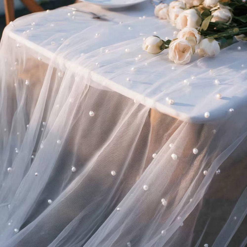 Sheer Bridal Veil White Tulle Wedding Table Runner Flower Wrapping Pearl Table Runner  Baby Shower