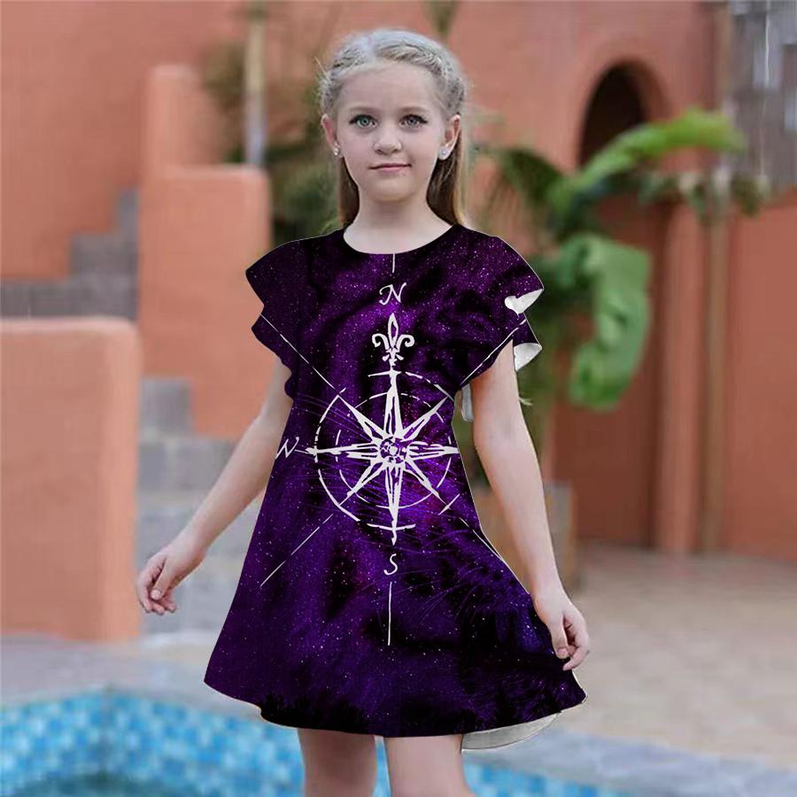 Robes Bleues à Imprimé Pentagramme pour Filles Robe de Fête pour Enfants Fille Coupe Ample Coupe Ample Manches Courtes Jupe pour Filles de Plus de Quatre Ans