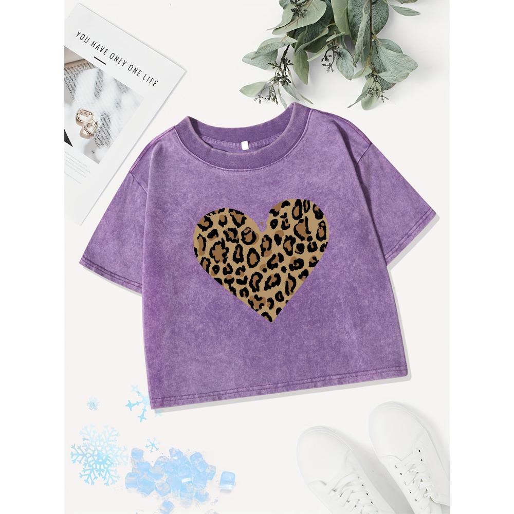 Sexy Cotton Crop Tops Women Simple Leopard Heart Printing Washed T-Shirt Summer Regular Fit O-Neck Streetwear Clothes