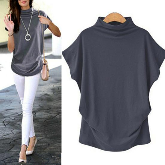 Summer Fashion Women Solid Color Loose Turtle Neck Short Sleeve T-Shirt Top