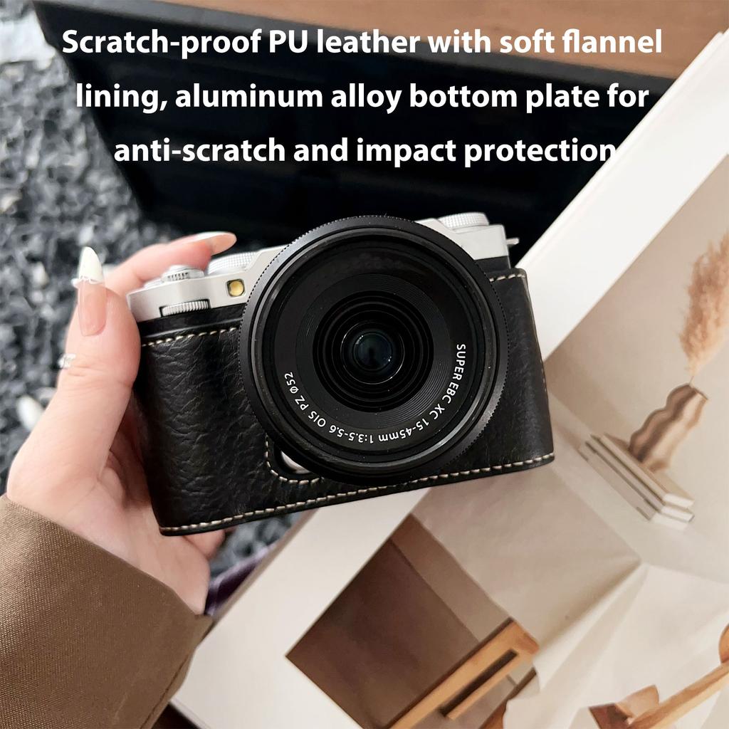 Camera Half Case PU Leather Anti-Scratch Camera Carry Case with Shoulder Strap Compatible with Fujifilm X-M5 Black