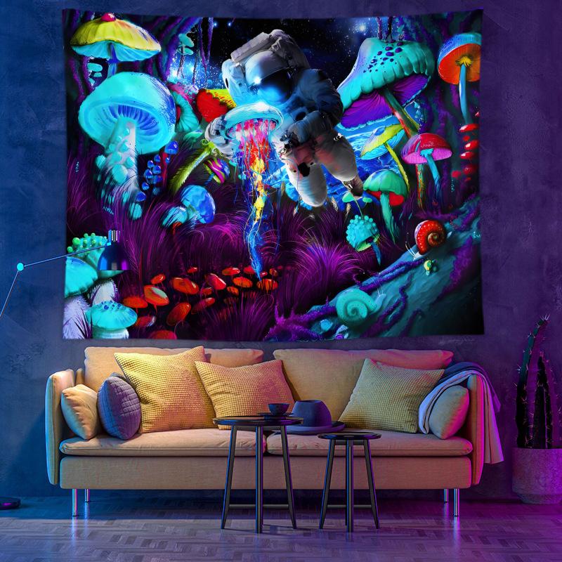 UV Schwarzlicht Wandteppich, Astronaut Skelett Pilz Zeittunnel Wandbehang, Trippy Schlafzimmer Dekoration