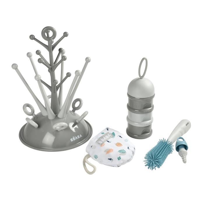 BEABA, Coffret naissance, Egoutte biberon arbre grey + Boite doseuses light/dark mist + Goupillon silicone + Bavoir coton tropical