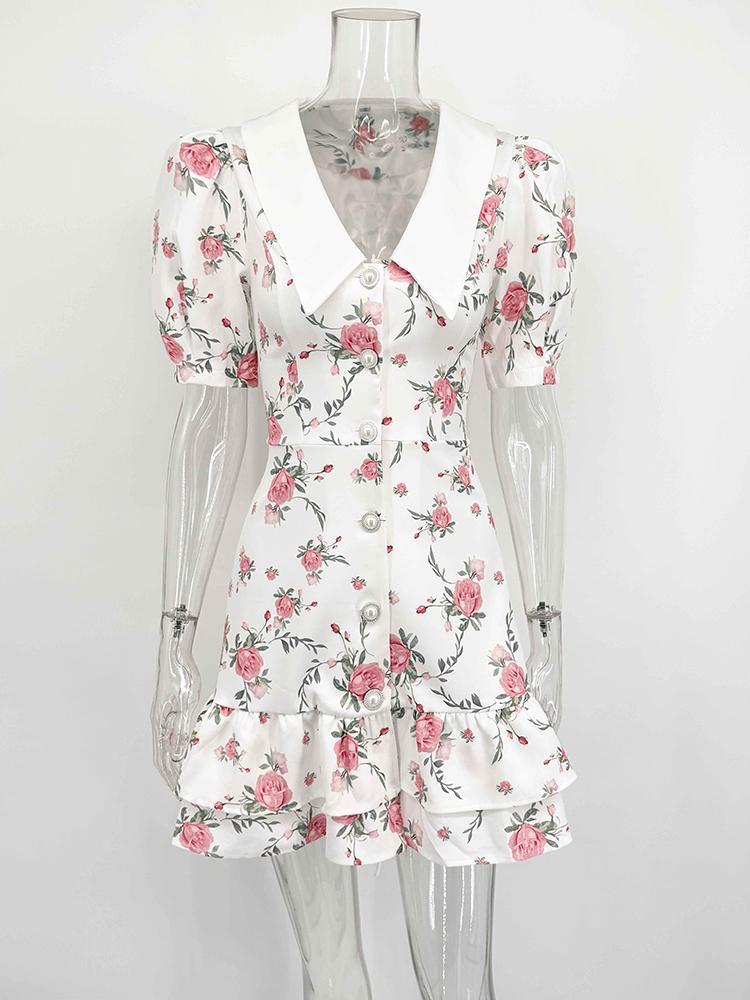 Summer Print Puff Sleeves Ruffled Dress Women's V-Neck High Waist Pearl Buttons Mini Dress Female Casual Vacation Fashion Dress