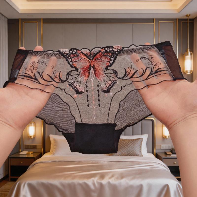 Ladies Summer Exquisite Butterfly Embroidery Sexy Lace Mesh Hollow Transparent No Mark Low Waist Triangle Briefs