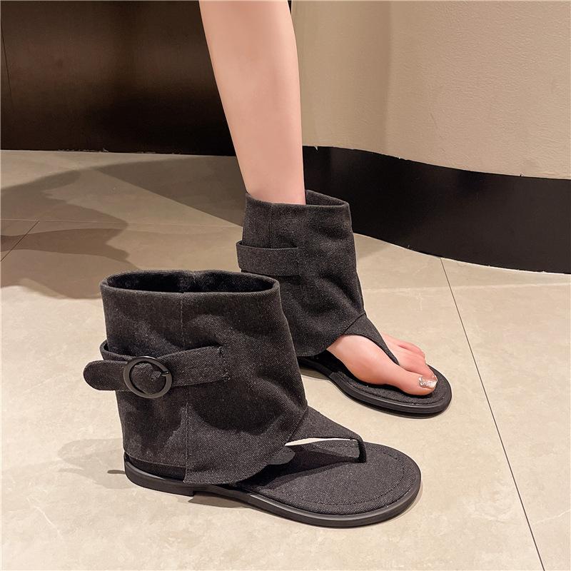 2024 Summer New Korean Version Short Tube Flat Bottom Toe Herringbone Roman Sandals Women Wear Versatile Sandals Cool Boots