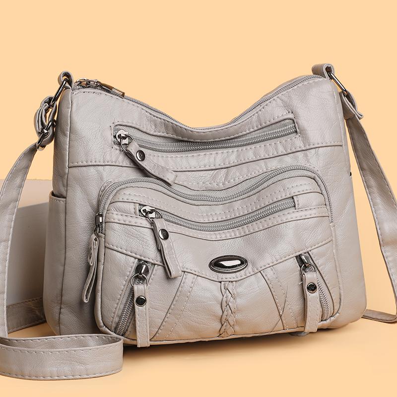 Damska miękka skórzana torba na ramię z wieloma kieszeniami, torba crossbody, torba dla mamy w średnim wieku