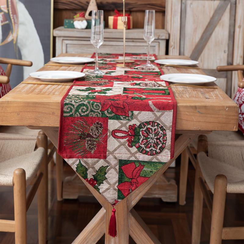 Jacquard Polyester-Cotton Christmas Table Runner with Floral Bells