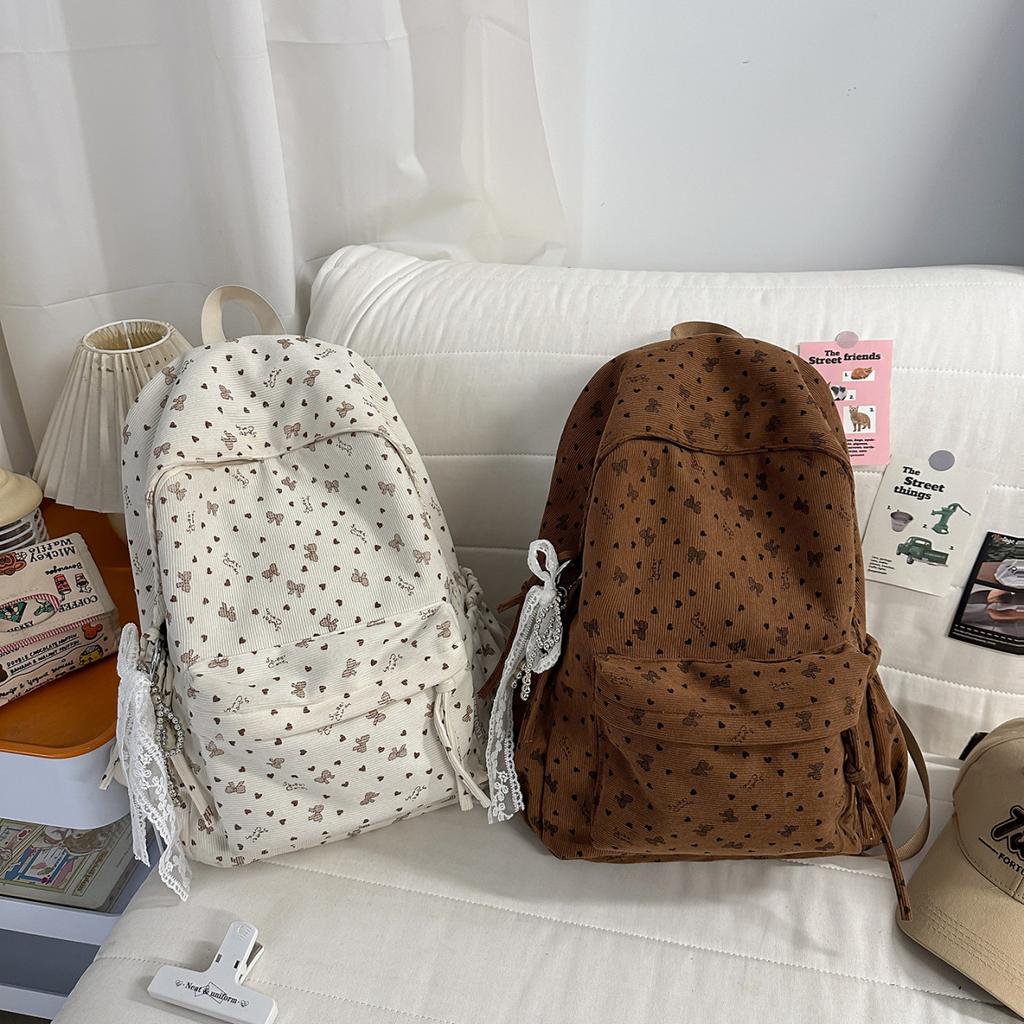 School bag, Japanese INS style, high aesthetic value, sweet polka dot butterfly backpack, girly lightweight, large capacity velvet backpack for women