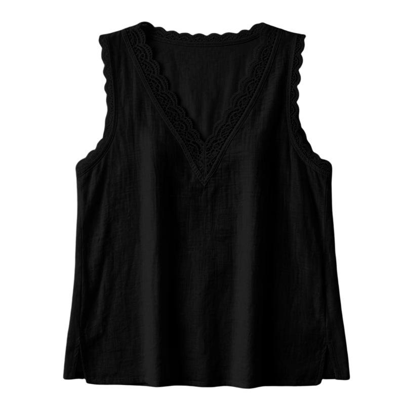 Womens Casual Summer Sleeveless V Neck Lace Trim Shirt
